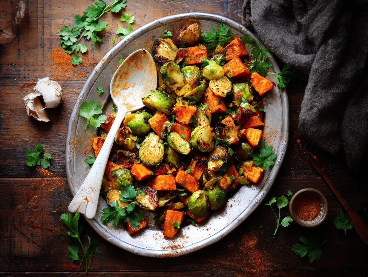 Best Moroccan-Style Roasted Brussels Sprouts and Sweet Potatoes 2 Moroccan-style roasted Brussels sprouts and sweet potatoes with Moroccan spices, served on a rustic platter with fresh herbs.