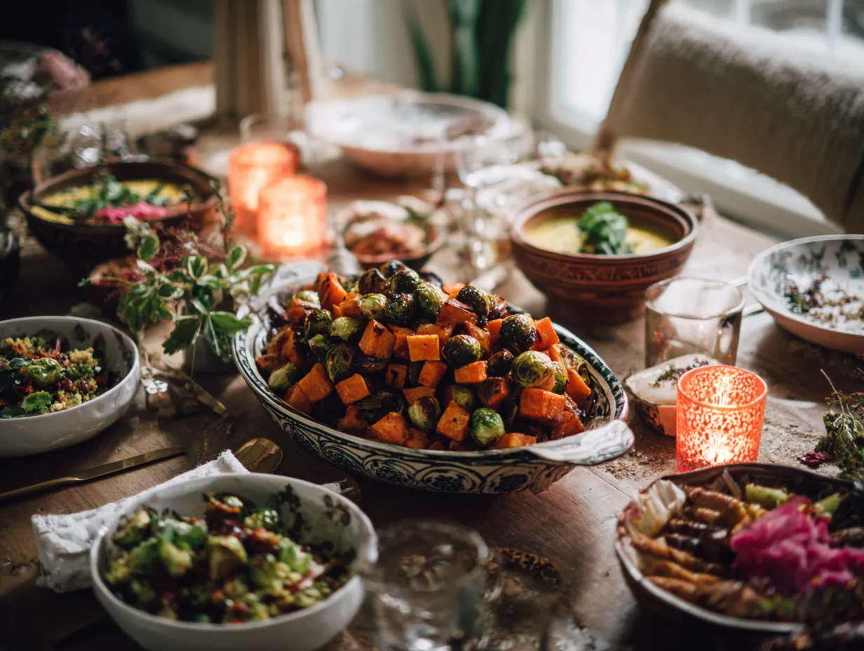 Best Moroccan-Style Roasted Brussels Sprouts and Sweet Potatoes 5 Moroccan-style roasted Brussels sprouts and sweet potatoes served with couscous and fresh herbs on a rustic dining table.
