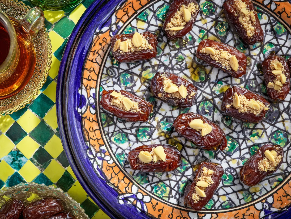 Close-up of Moroccan filled dates stuffed with nuts and cheese, garnished with honey and spices, served on a decorative Moroccan plate.