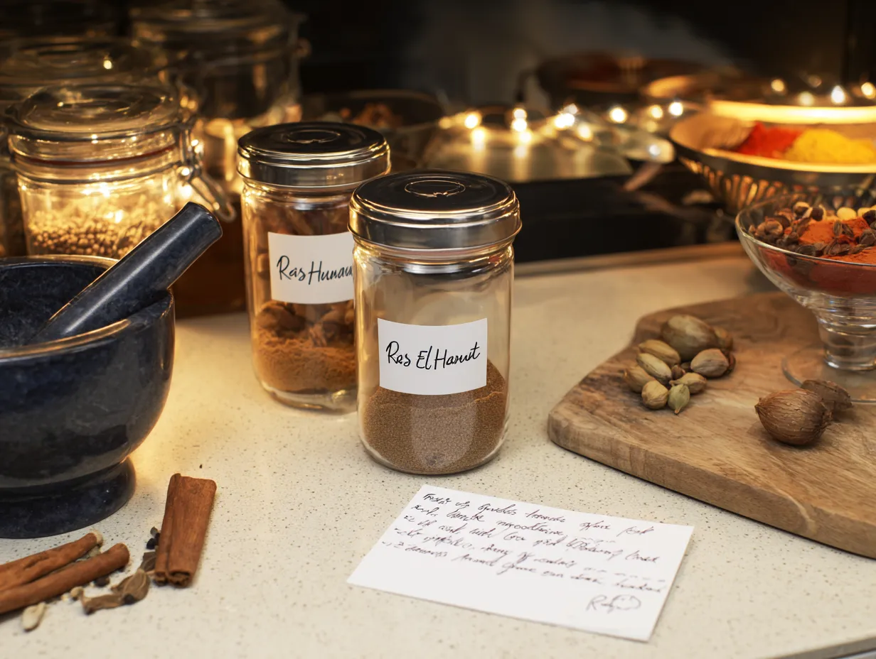 5-Minute Ras El Hanout Spice Blend with Magical Aroma 6 A kitchen counter with labeled spice jars of Ras El Hanout, whole toasted spices, and a mortar and pestle, evoking warmth and artisanal spice blending.