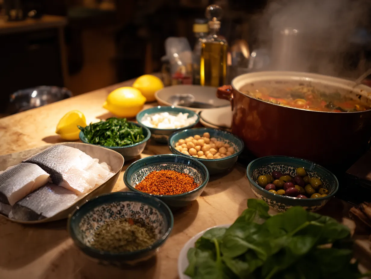 Moroccan Fish Stew: A Deliciously Bold 20-Minute Meal 5 Moroccan dinner table featuring fish stew, couscous, bread, salad, and mint tea.
