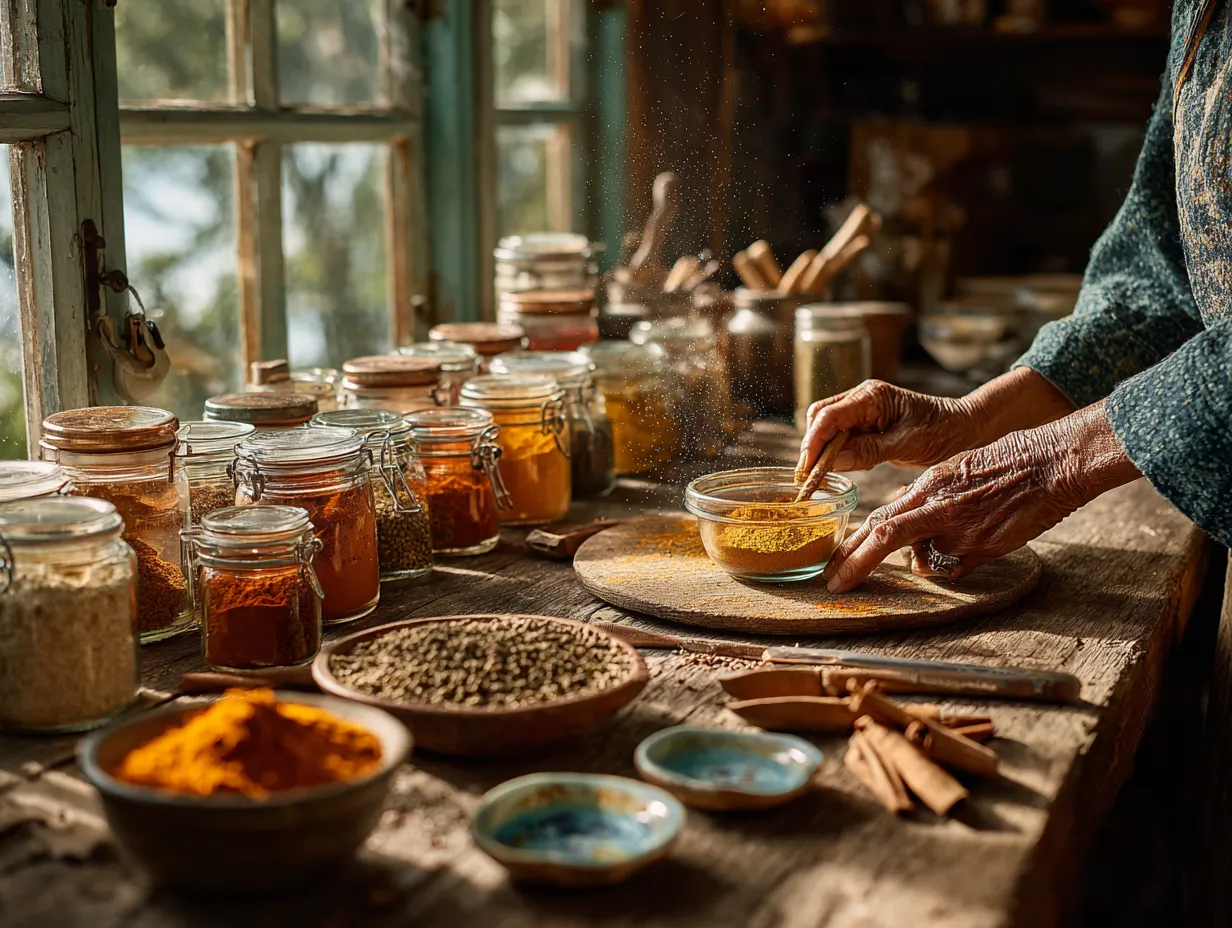 5-Minute Ras El Hanout Spice Blend with Magical Aroma 4 Hands mixing a homemade Ras El Hanout spice blend in a glass bowl, surrounded by jars of colorful spices in a sunlit kitchen.
