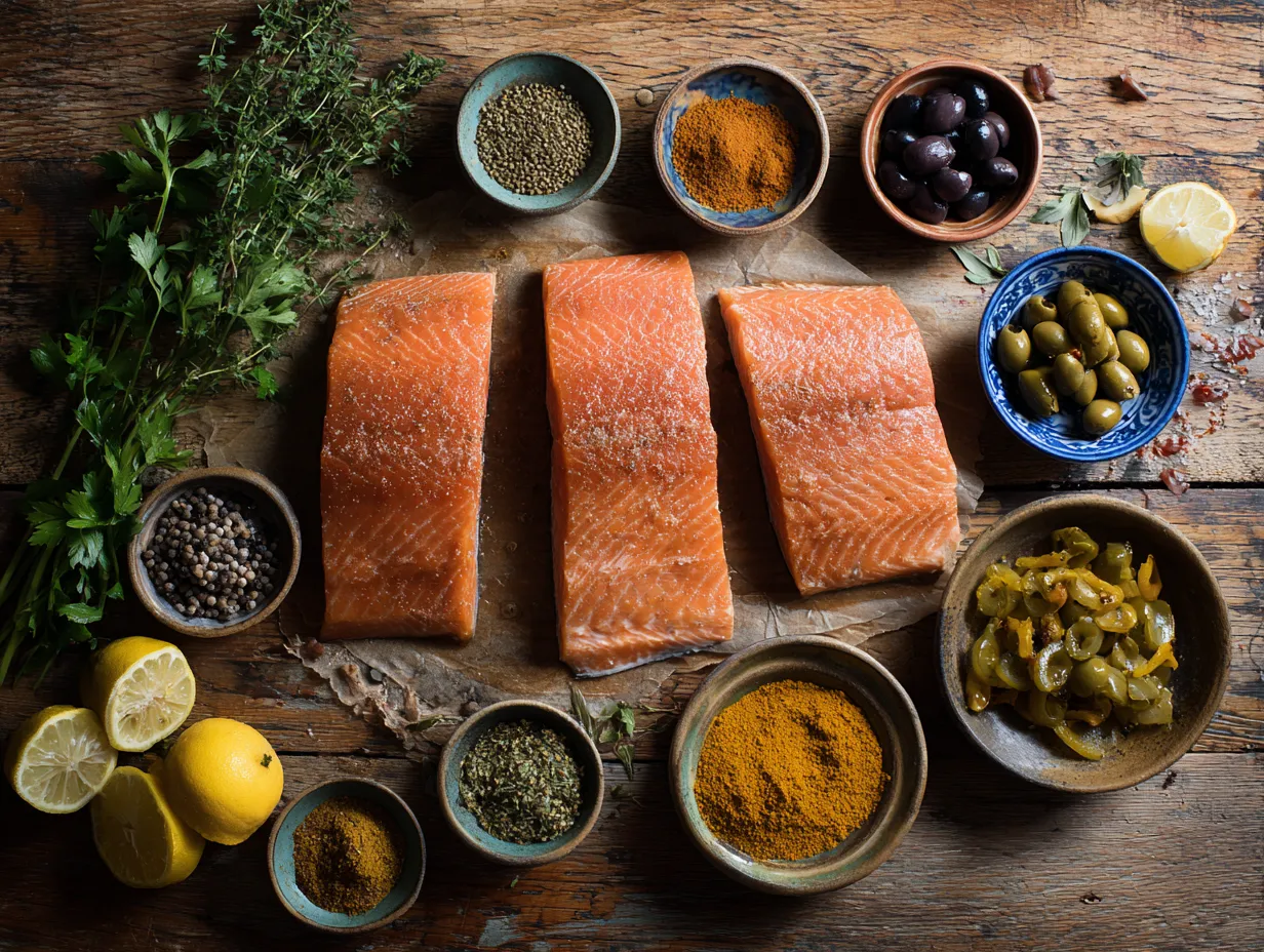 Irresistible Salmon Meatball Tagine Recipe You’ll Love 3 Fresh salmon, Moroccan spices, preserved lemon, and olives arranged on a rustic table for salmon meatball tagine ingredients.