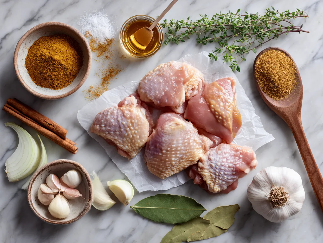 Moroccan Slow Cooker Chicken Honey Cinnamon Feast 4 Ingredients for Moroccan slow cooker chicken including chicken thighs, honey, cinnamon, spices, onion, garlic, carrots, and sweet potato.