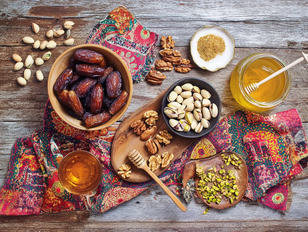 “Ingredients for Moroccan filled dates displayed on a wooden table, including Medjool dates, nuts, honey, and spices in a Moroccan-style setting.”