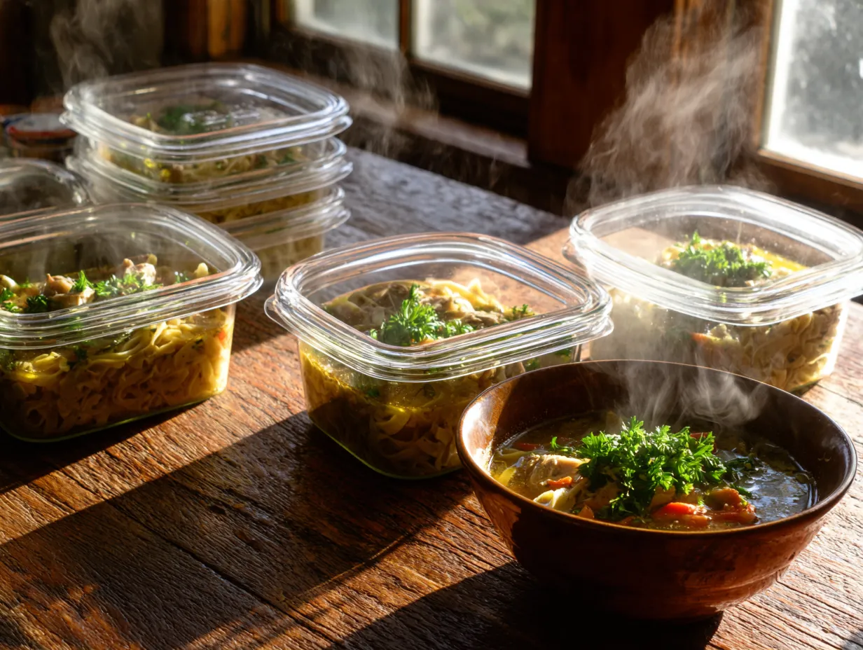 Deliciously Healthy Paleo Moroccan Chicken Noodle Soup 5 "Paleo Moroccan Chicken Noodle Soup stored in glass containers with a steaming bowl ready to serve, garnished with parsley."