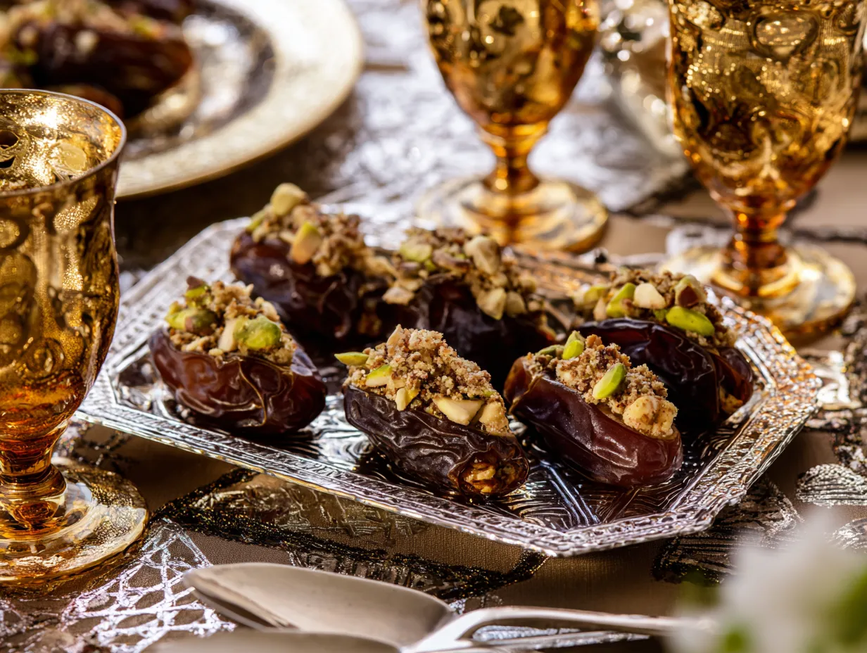 Traditional Moroccan filled date appetizers on a silver tray, stuffed with nuts and cheese, served with mint tea in a warm, rustic setting
