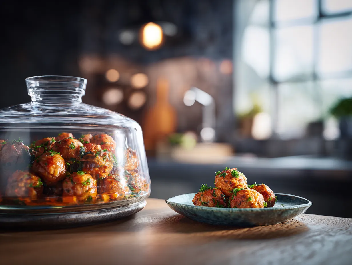 Irresistible Salmon Meatball Tagine Recipe You’ll Love 6 Leftover salmon meatball tagine stored in a container with a reheated portion on a plate, garnished with herbs.