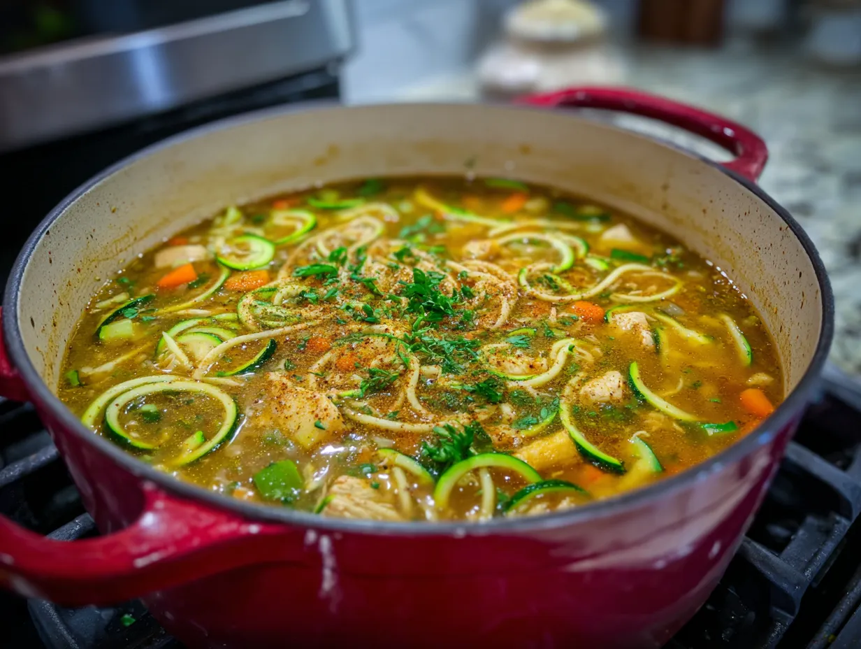 Deliciously Healthy Paleo Moroccan Chicken Noodle Soup 4 Rustic pot of Paleo Moroccan Chicken Noodle Soup with zucchini noodles, chicken, and vegetables simmering in a spiced broth