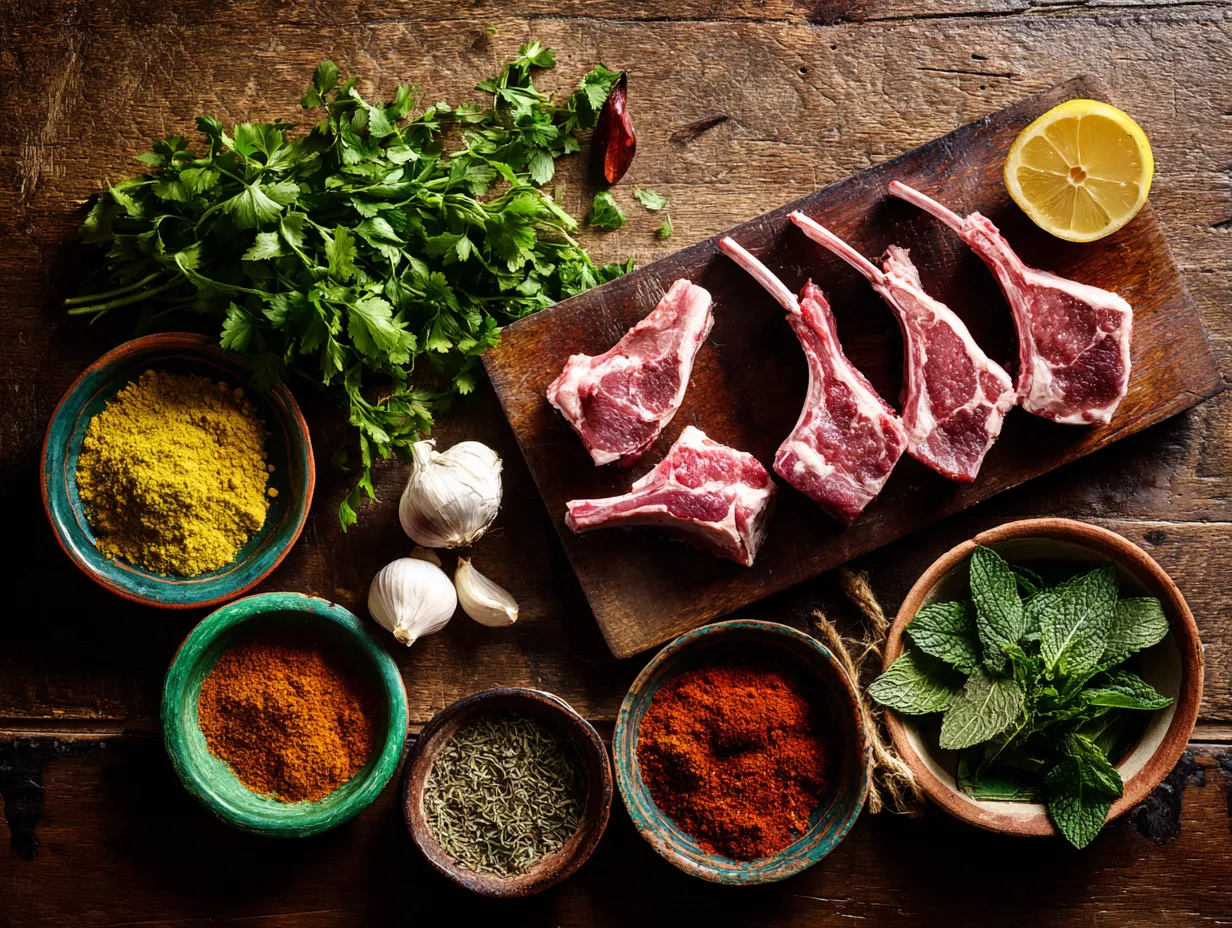 Moroccan Grilled Lamb Chops That Taste Heavenly 6 Raw lamb chops with Moroccan spices and herbs arranged on a rustic wooden board.