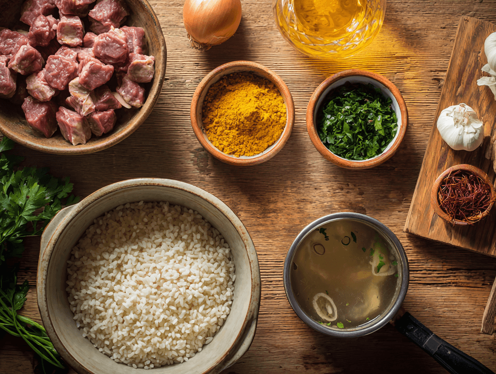 Moroccan Lamb Risotto: Irresistibly Flavor-Packed Delight 4 Fresh ingredients for Moroccan lamb risotto including arborio rice, lamb shoulder, spices, saffron, and preserved lemon"