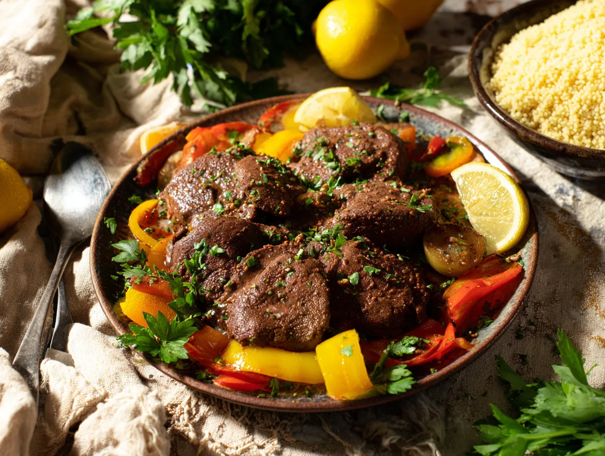 Moroccan Style Lamb Liver: A Comforting Flavor Explosion 7 Moroccan lamb liver served with vegetables and couscous, garnished with parsley and lemon, showcasing a nutritious and protein-rich meal.