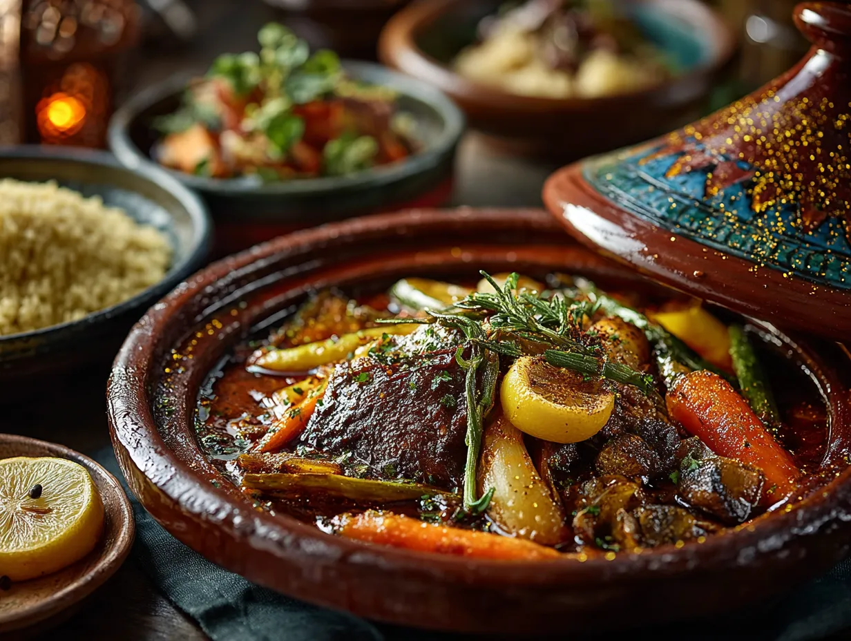 5-Minute Ras El Hanout Spice Blend with Magical Aroma 5 A Moroccan tagine infused with Ras El Hanout, served with couscous and vegetables on a rustic table, showcasing warm colors and traditional spices.