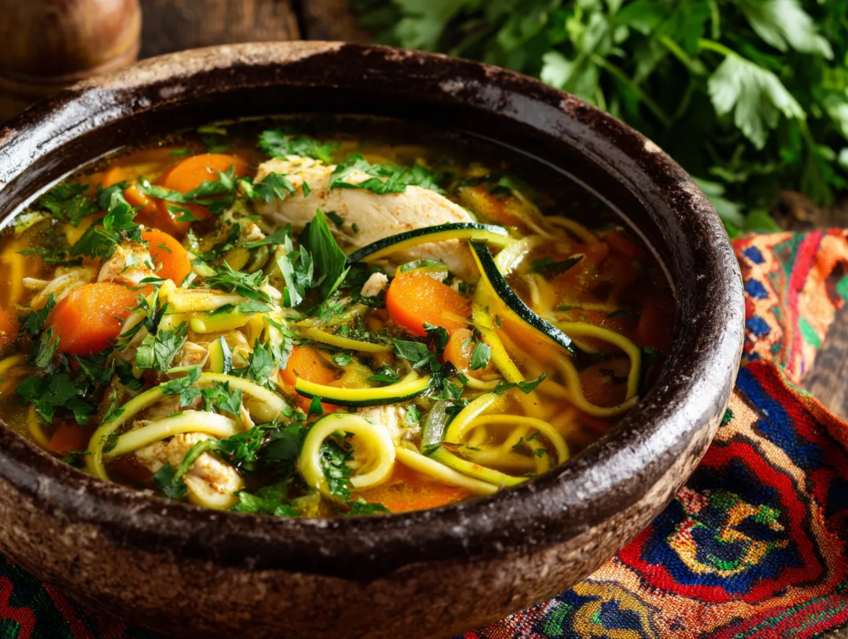 Deliciously Healthy Paleo Moroccan Chicken Noodle Soup 2 Bowl of Paleo Moroccan Chicken Noodle Soup with colorful vegetables and Moroccan spices, garnished with fresh parsley."