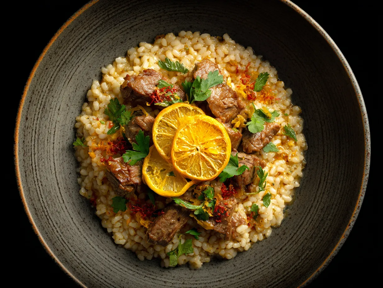 u1416823846 A top down view of a gourmet Moroccan lamb risott 0ff0932f 3f42 4530 9d54 becc07d34367 1 www.moroccaneats.com