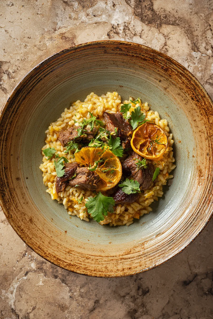 Moroccan Lamb Risotto: Irresistibly Flavor-Packed Delight 3 "Gourmet Moroccan lamb risotto with saffron, braised lamb, and preserved lemon in a ceramic bowl"