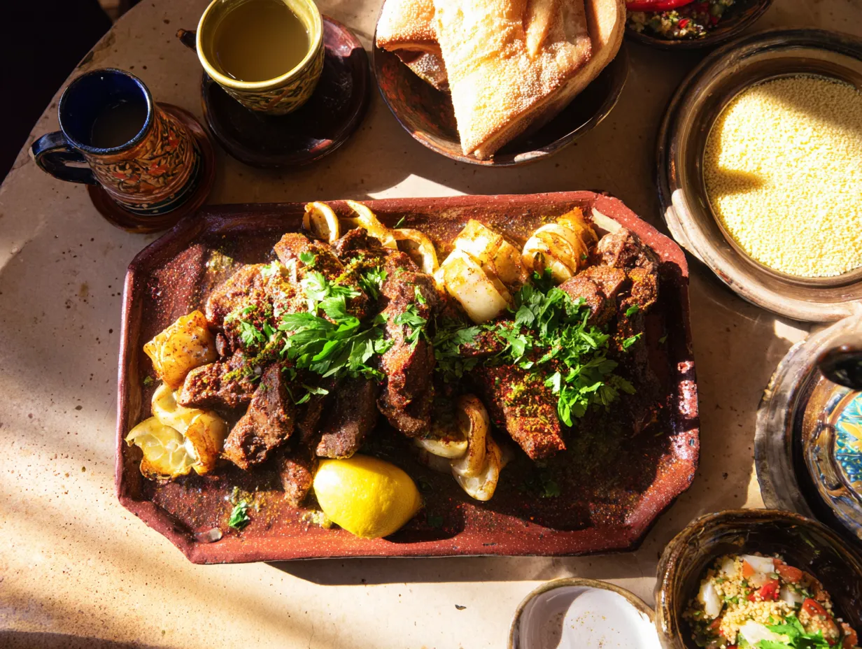 Moroccan Style Lamb Liver: A Comforting Flavor Explosion 6 Moroccan lamb liver served on a platter with couscous, bread, lemon wedges, parsley, and a cup of mint tea in a traditional Moroccan setting.
