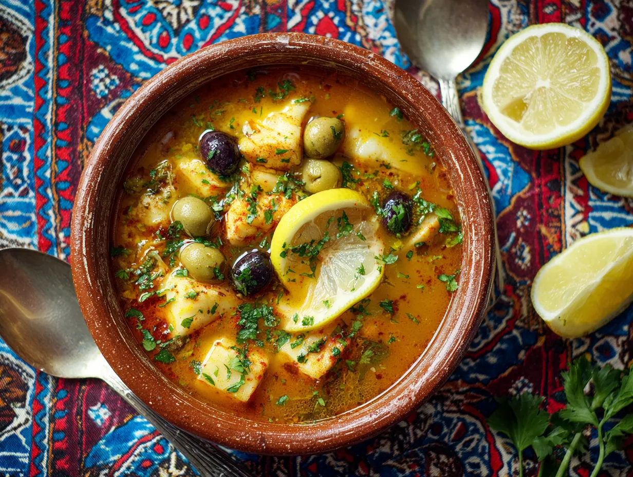 Moroccan Fish Stew: A Deliciously Bold 20-Minute Meal 2 Bowl of Moroccan Fish Stew with herbs, olives, and lemon on a Moroccan-style cloth background.