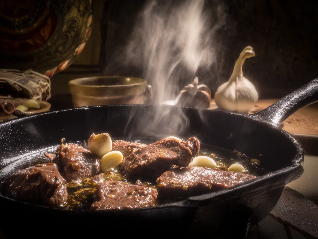 Moroccan Style Lamb Liver: A Comforting Flavor Explosion 4 Pan-fried Moroccan lamb liver cooking in olive oil with garlic and spices in a rustic skillet.
