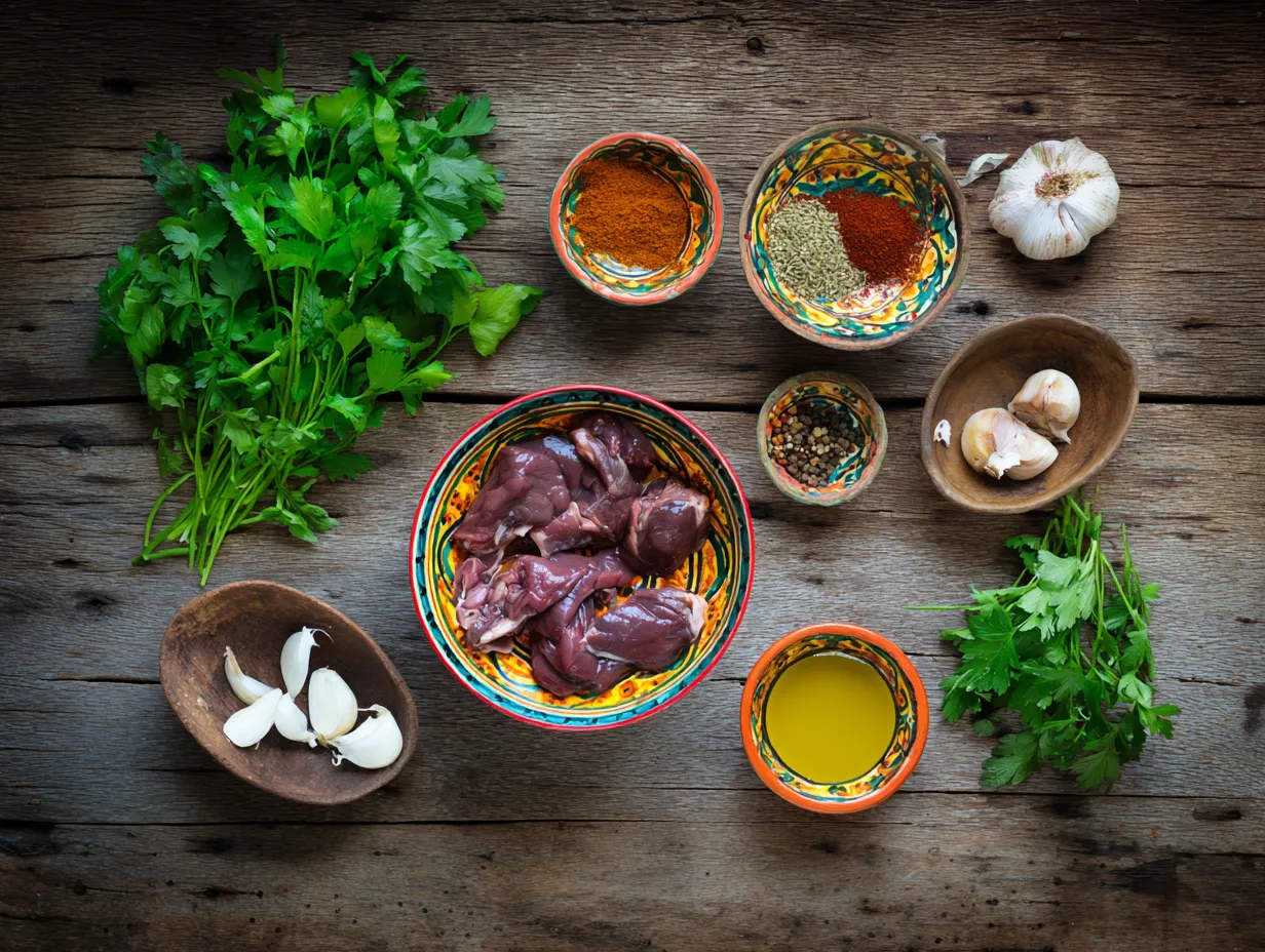 Moroccan Style Lamb Liver: A Comforting Flavor Explosion 3 Fresh Moroccan lamb liver ingredients with spices, herbs, and olive oil displayed on a rustic wooden table.