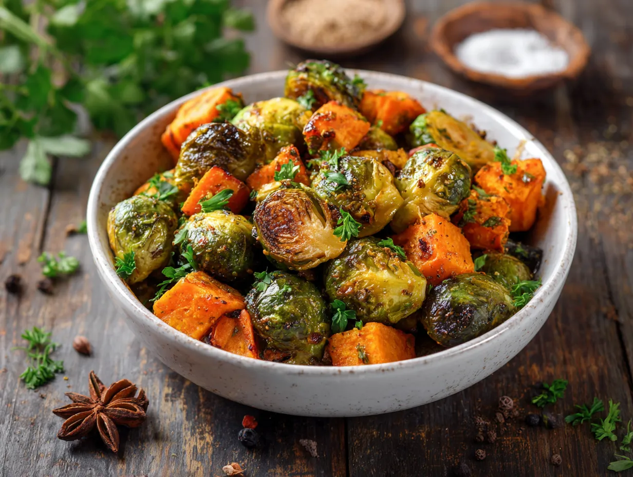 Best Moroccan-Style Roasted Brussels Sprouts and Sweet Potatoes 6 u1416823846 Close up of a bowl filled with Moroccan style roa 3a7743c4 9831 4933 8550 a2847c40da1b 3 www.moroccaneats.com