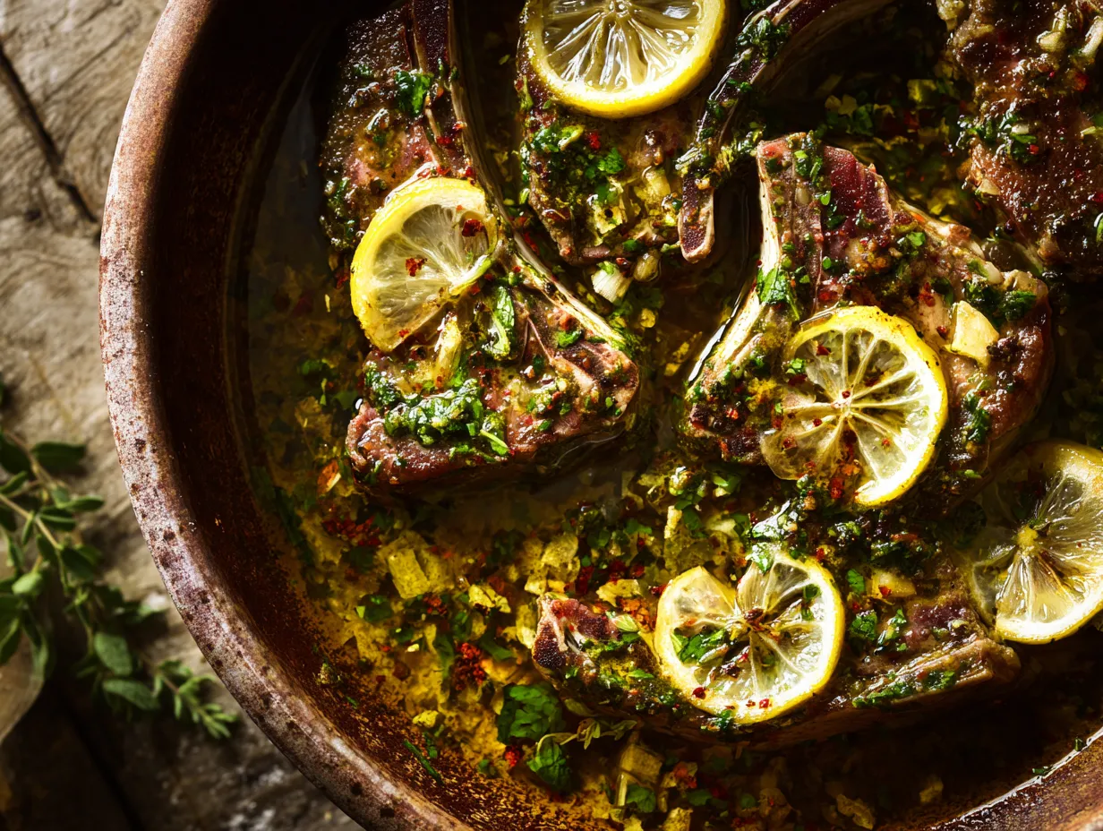 Moroccan Grilled Lamb Chops That Taste Heavenly 7 Lamb chops soaking in a Moroccan marinade with vibrant spices, garlic, lemon, and herbs in a rustic ceramic bowl.