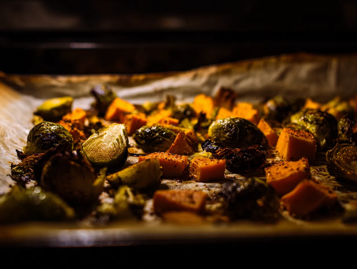 Best Moroccan-Style Roasted Brussels Sprouts and Sweet Potatoes 4 Moroccan-style roasted Brussels sprouts and sweet potatoes baking on a sheet pan with golden caramelized edges and Moroccan spices.