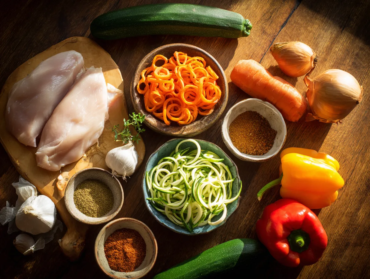 Deliciously Healthy Paleo Moroccan Chicken Noodle Soup 3 Fresh ingredients for Paleo Moroccan Chicken Noodle Soup including chicken, carrots, zucchini noodles, bell peppers, onions, garlic, and Moroccan spices on a wooden counter.