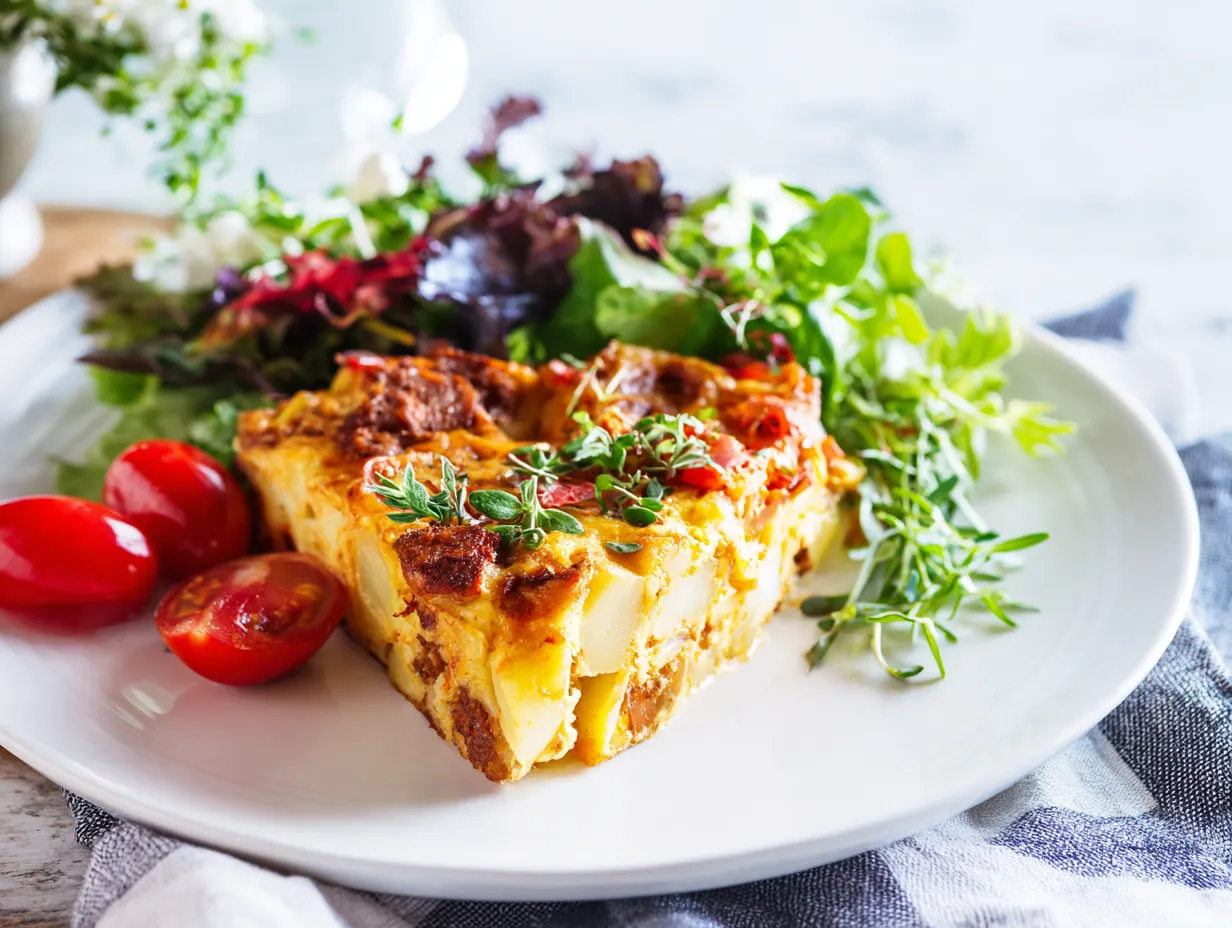Plated serving of Moroccan Cheesy Potato Breakfast Casserole with merguez, garnished with fresh herbs and served with a side salad.