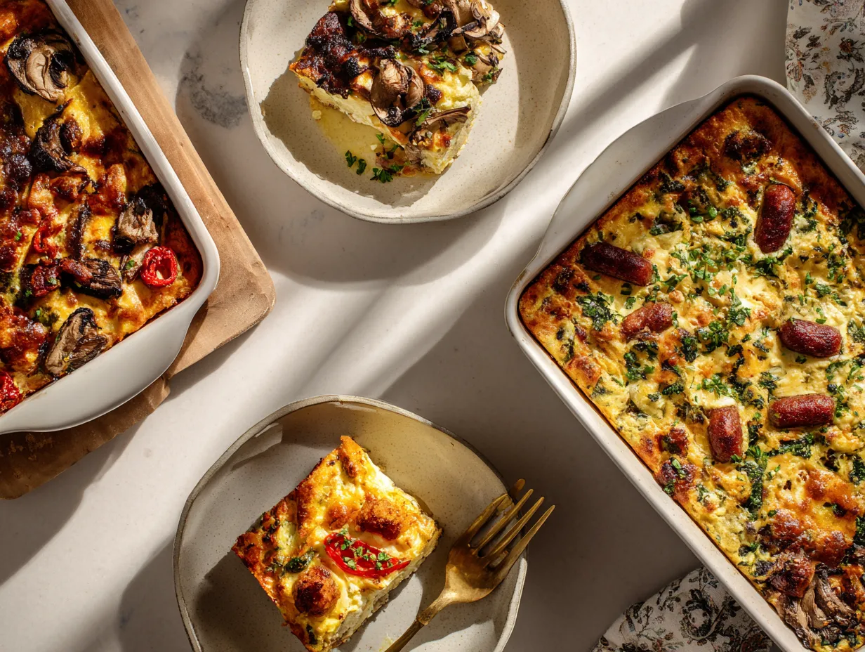 Variations of Moroccan Cheesy Potato Breakfast Casserole, including vegetarian and spicy versions, served in a modern, bright food photography style.