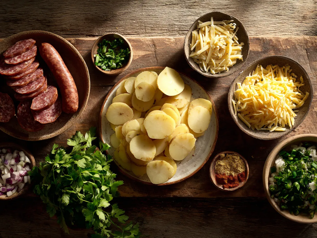 Flat-lay food photography of ingredients for Moroccan Cheesy Potato Breakfast Casserole with merguez, potatoes, cheese, and spices.