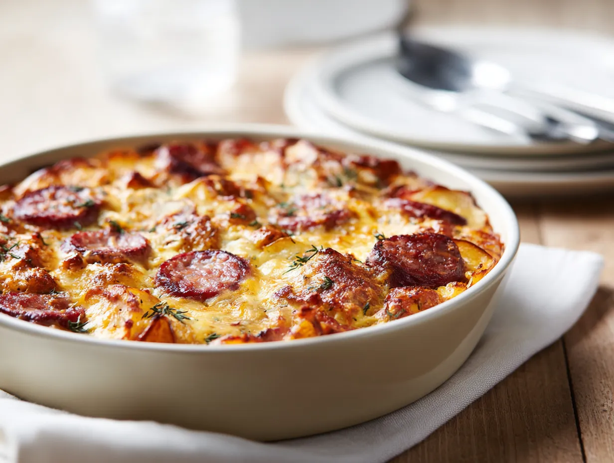 Modern food photography of a Moroccan Cheesy Potato Breakfast Casserole with golden cheese, crispy potatoes, and spicy merguez sausage.