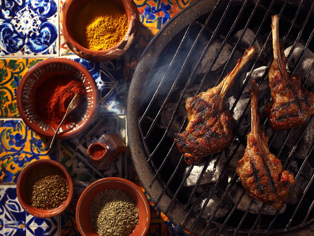 Moroccan Grilled Lamb Chops That Taste Heavenly 2 Grilled Moroccan lamb chops with aromatic spices and herbs on a traditional charcoal grill.