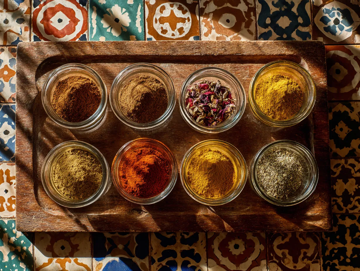 5-Minute Ras El Hanout Spice Blend with Magical Aroma 3 An overhead view of Ras El Hanout spices arranged in glass bowls, showcasing cinnamon, turmeric, paprika, and rose petals on a rustic kitchen surface.