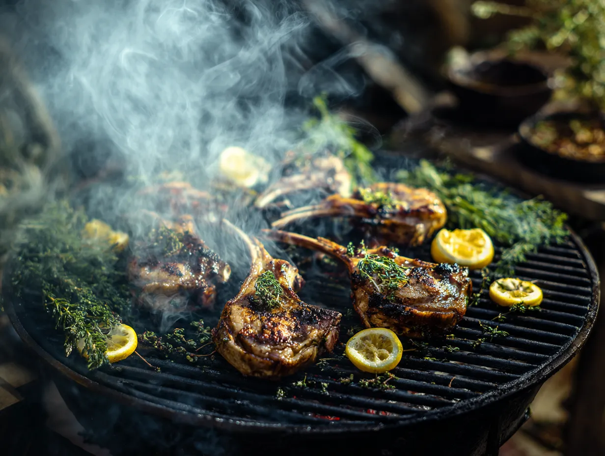 Moroccan Grilled Lamb Chops That Taste Heavenly 8 Juicy grilled Moroccan lamb chops with golden sear marks and fresh herbs on a charcoal grill.