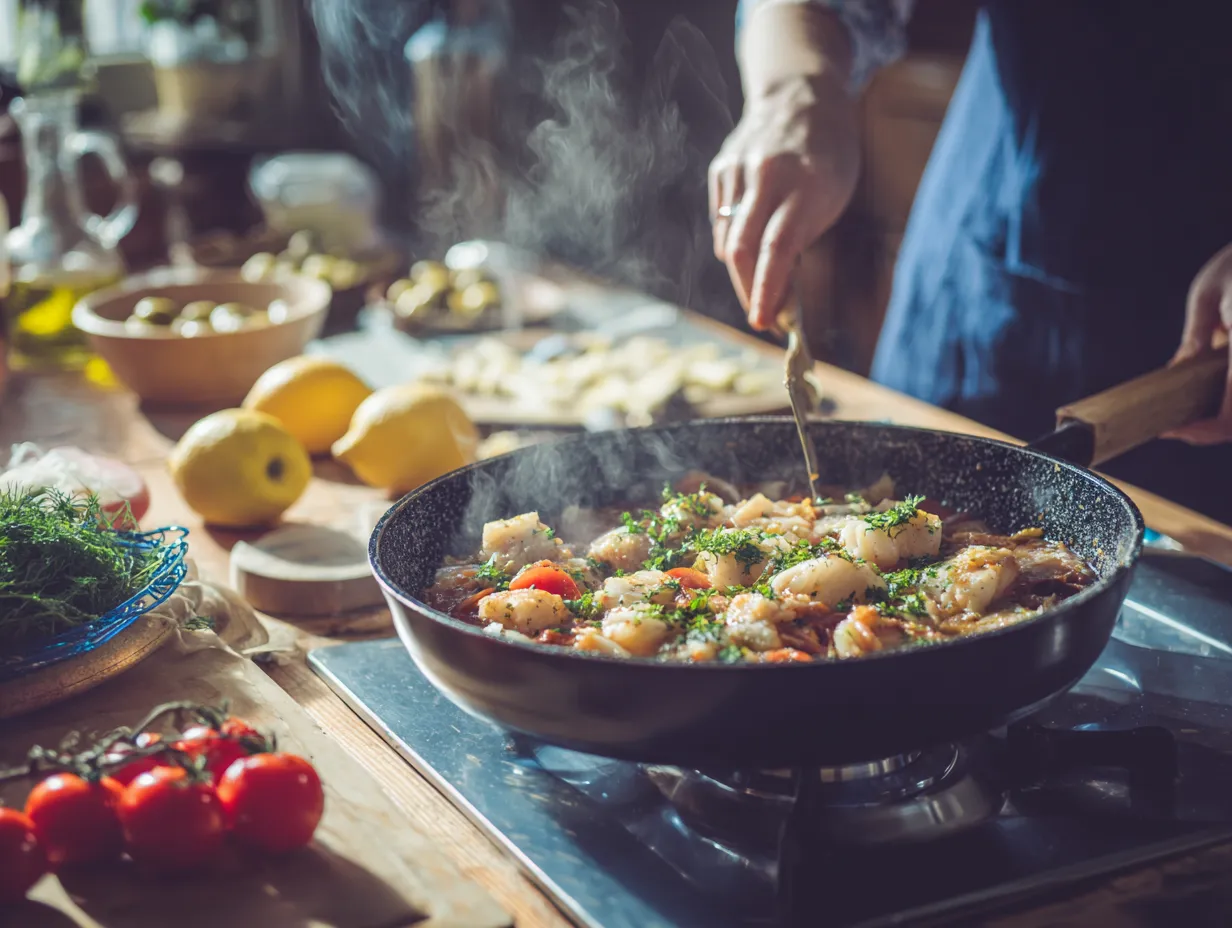Moroccan Fish Stew: A Deliciously Bold 20-Minute Meal 8 Assorted ingredients for customizing Moroccan Fish Stew on a rustic kitchen counter.