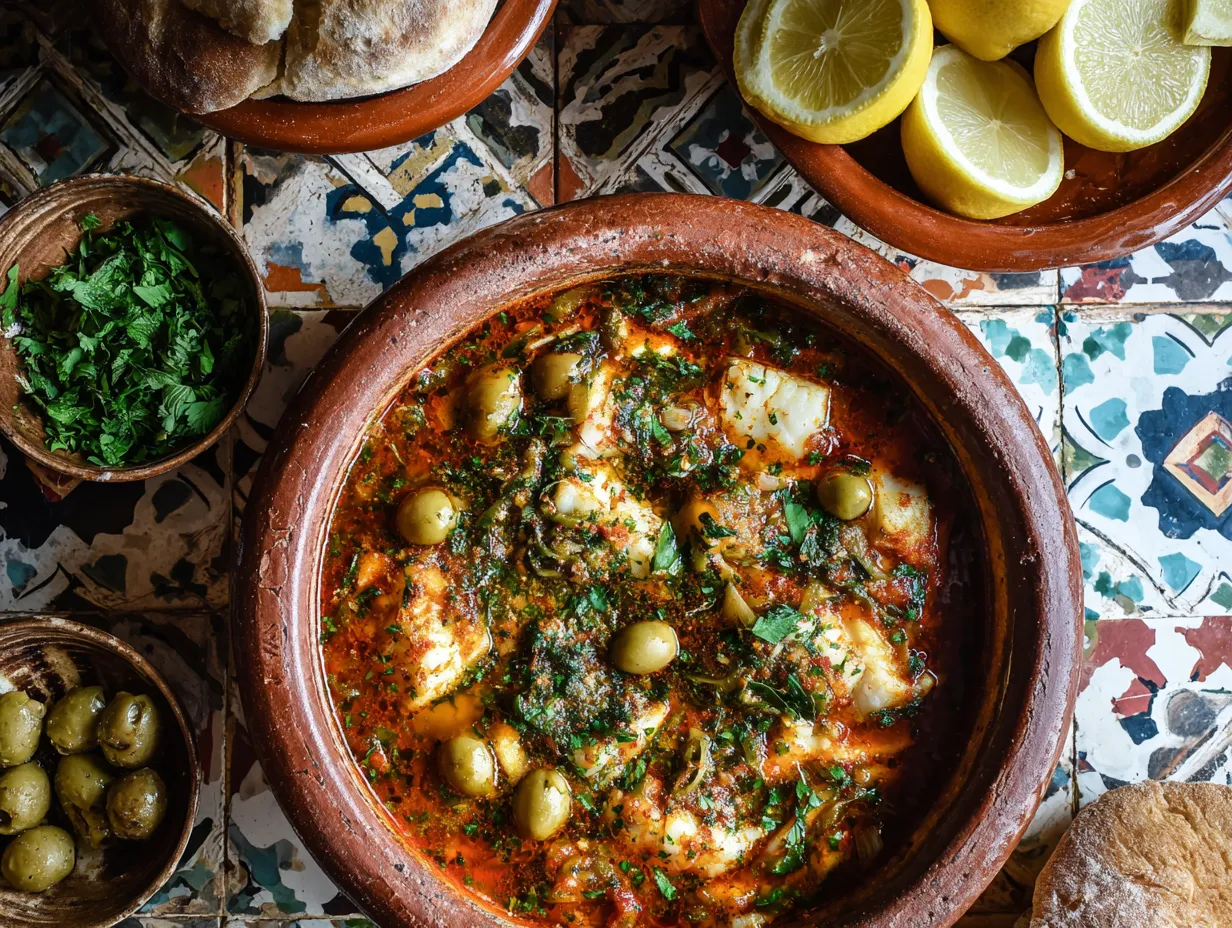 Moroccan Fish Stew: A Deliciously Bold 20-Minute Meal 4 Top view of Moroccan fish stew in a terracotta pot with visible fish, olives, herbs, and spices.