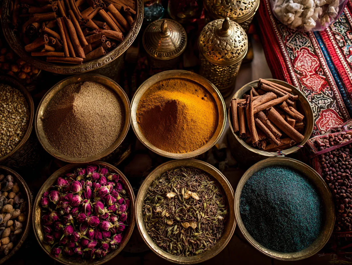 5-Minute Ras El Hanout Spice Blend with Magical Aroma 2 A vibrant Moroccan spice market showcasing brass bowls filled with Ras El Hanout ingredients like cinnamon, rose petals, and turmeric.