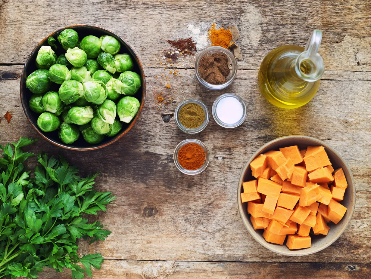 Best Moroccan-Style Roasted Brussels Sprouts and Sweet Potatoes 3 Fresh ingredients for Moroccan-style roasted Brussels sprouts and sweet potatoes with Moroccan spices, olive oil, and herbs.