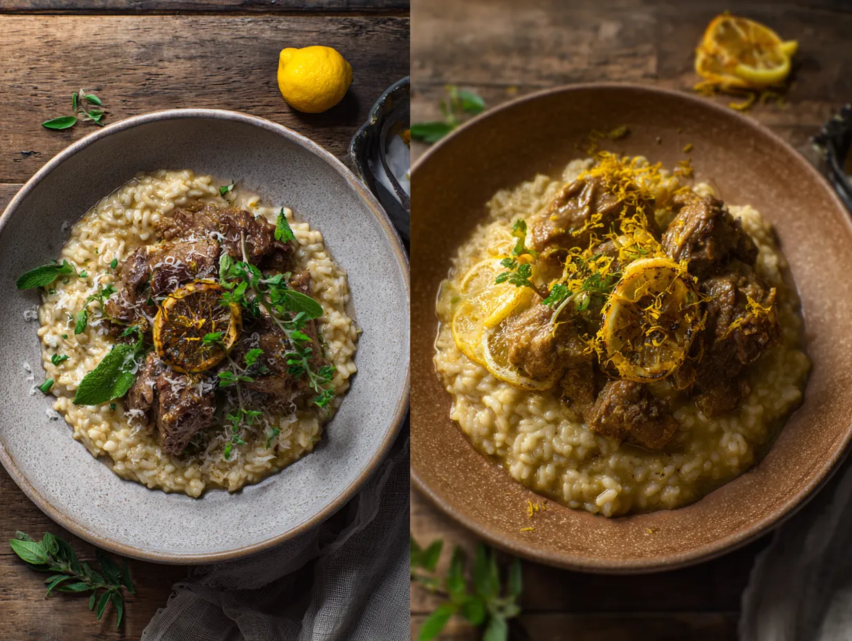Moroccan Lamb Risotto: Irresistibly Flavor-Packed Delight 5 Side-by-side Moroccan lamb risottos made with stovetop and Instant Pot methods, garnished with preserved lemon and fresh herbs"