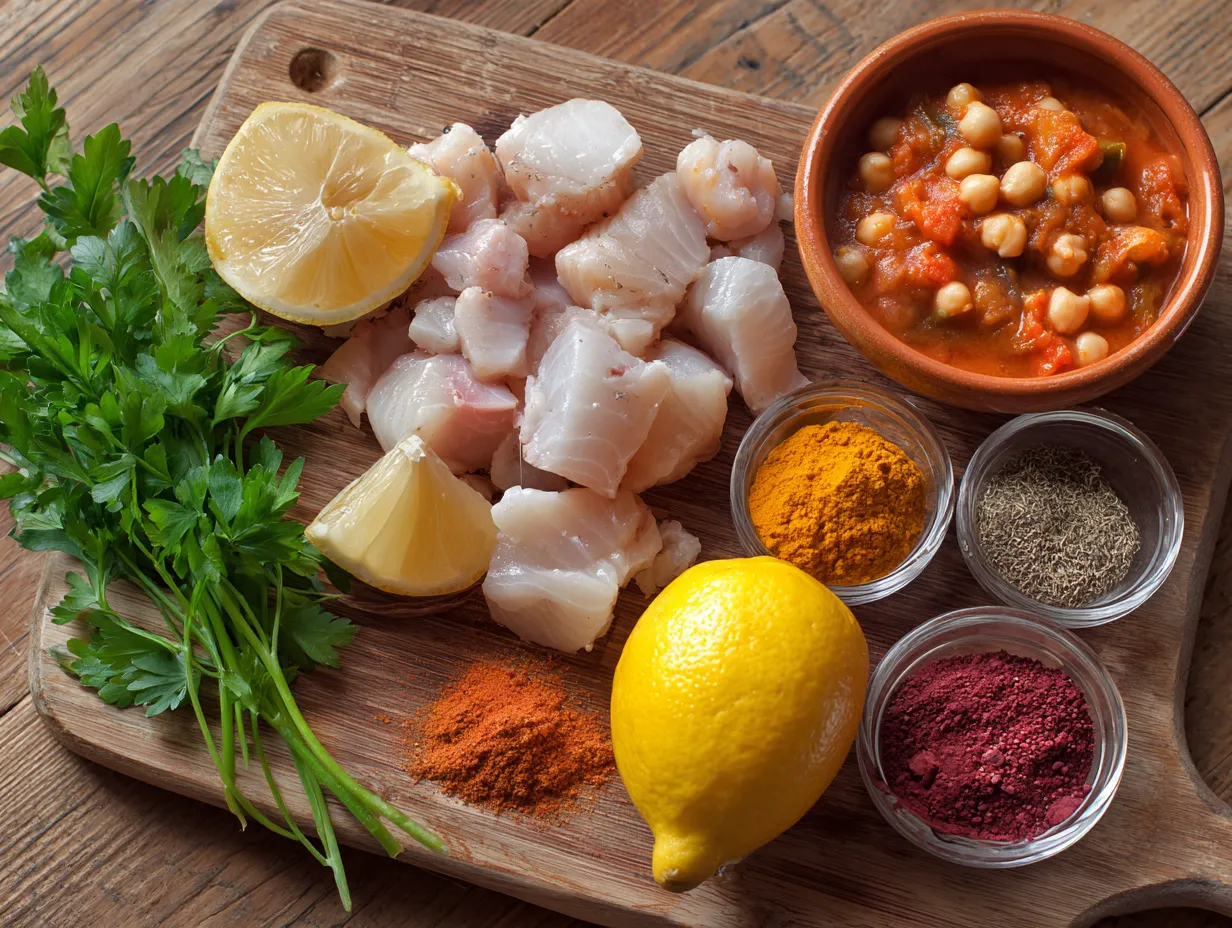 Moroccan Fish Stew: A Deliciously Bold 20-Minute Meal 3 Person cooking Moroccan fish stew in a skillet with fresh ingredients on the counter.