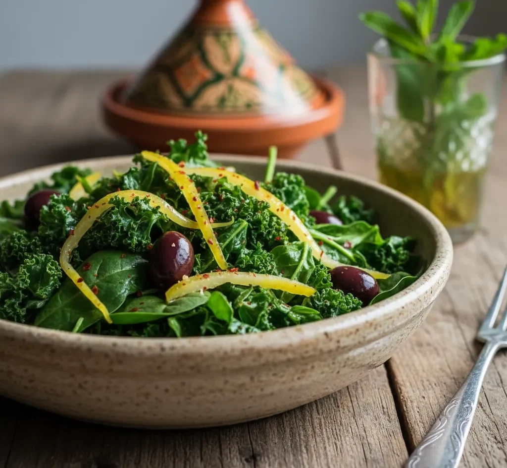 A featured image of a beautiful ceramic bowl filled with a vibrant, cooked Bakoula salad garnished with red olives and pieces of preserved lemon, set against a rustic wooden table.