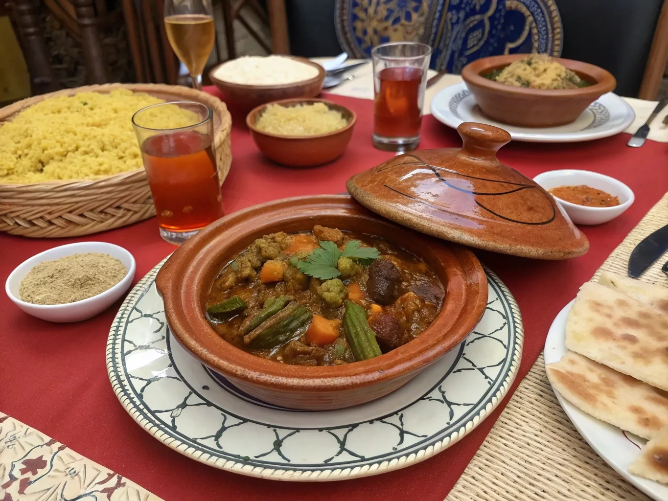 Moroccan Okra Recipe: Mouthwatering Family Favorite 6 A Moroccan dining table with okra stew, couscous, bread, mint tea, and side dishes, styled as a traditional family feast. Moroccan okra recipe