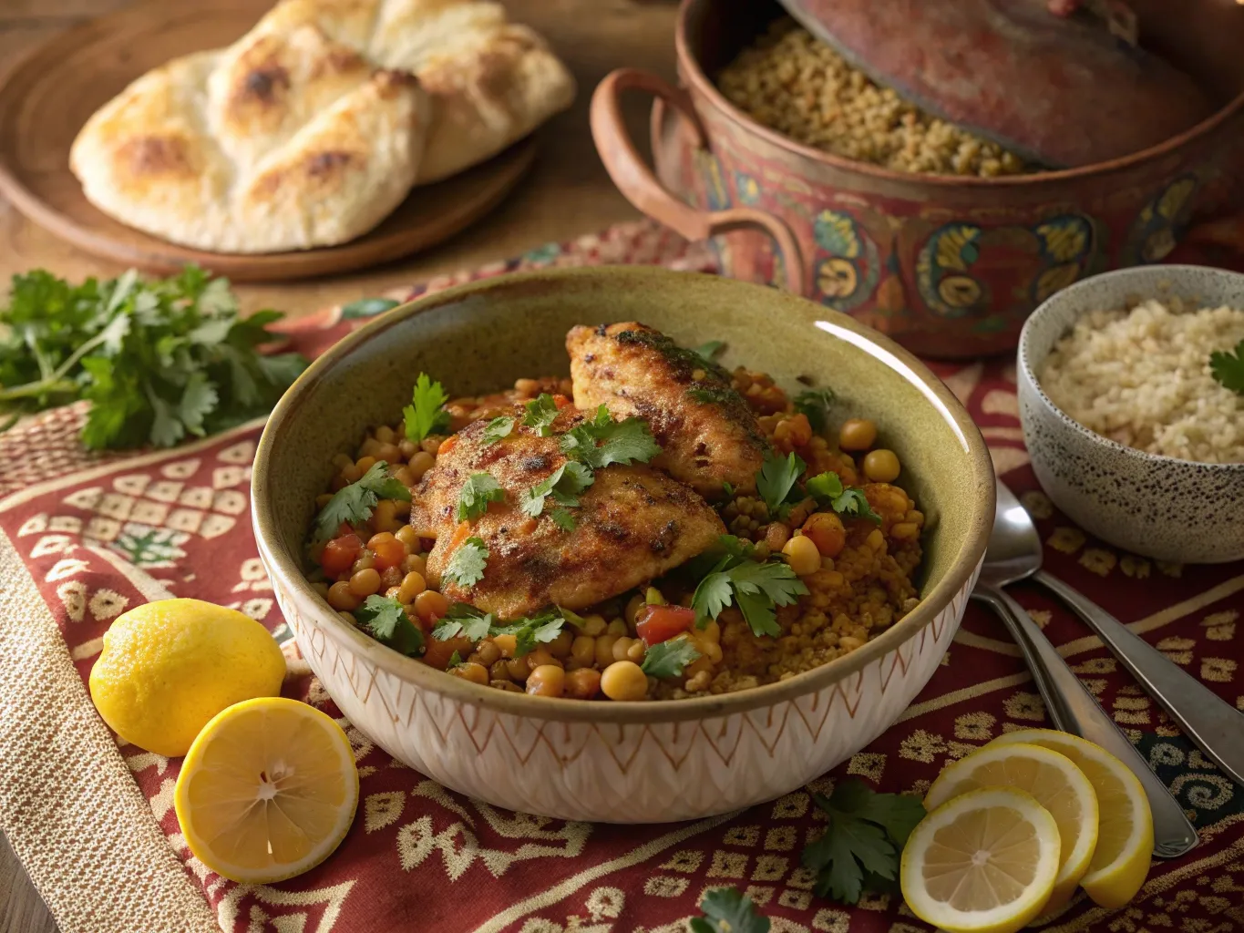 Comforting Moroccan Chicken and Lentils Made Simple 5 Bowl of Moroccan Chicken and Lentils with couscous, preserved lemons, and flatbread, styled for an authentic Moroccan meal.