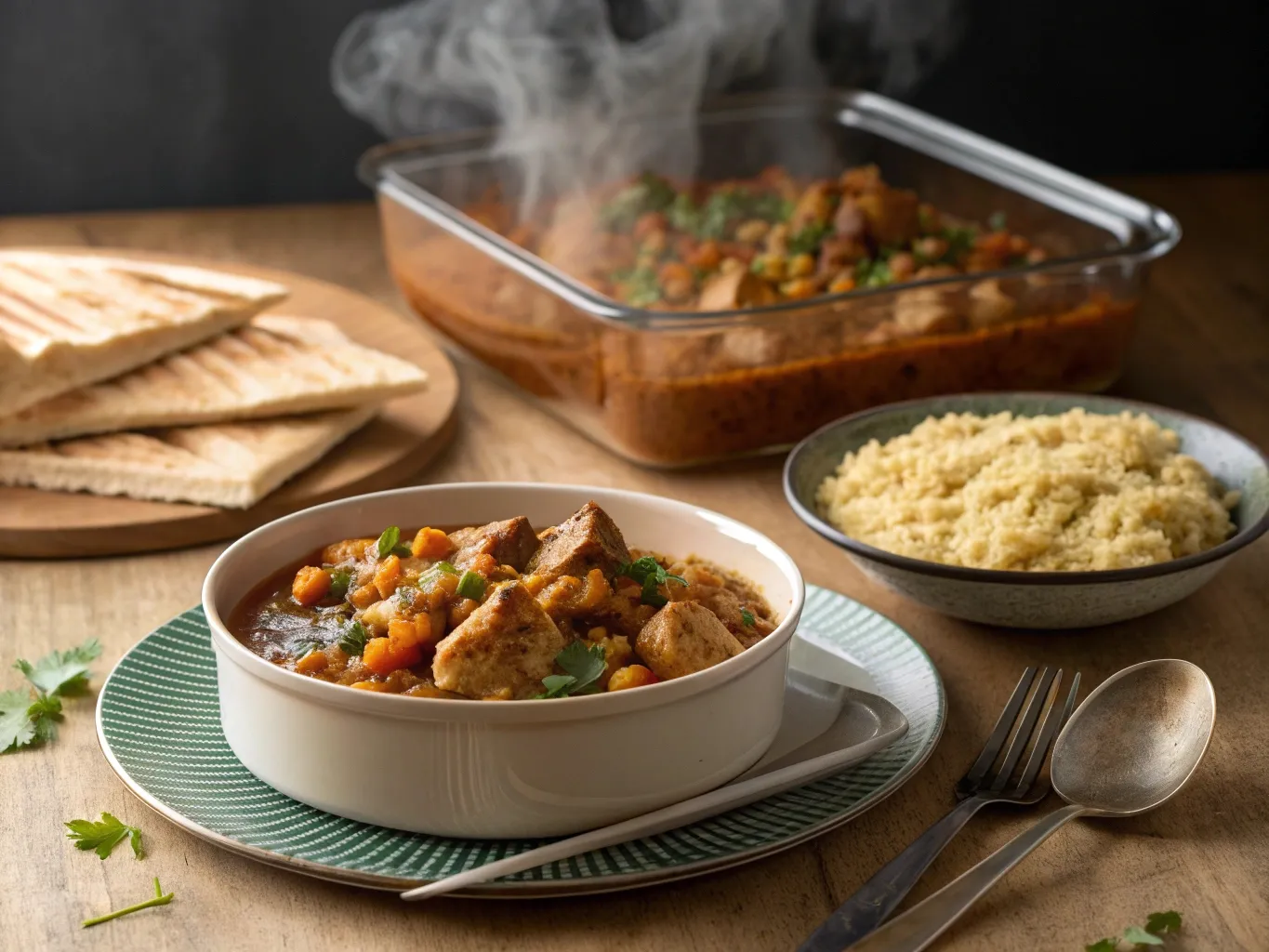 Comforting Moroccan Chicken and Lentils Made Simple 7 Moroccan Chicken and Lentils served with couscous and flatbread, with meal prep containers of the stew on the side.