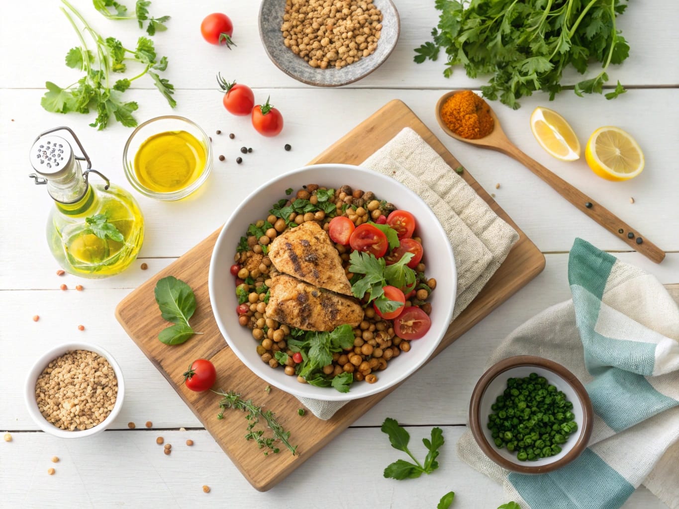 Comforting Moroccan Chicken and Lentils Made Simple 6 Healthy serving of Moroccan Chicken and Lentils in a bowl with fresh herbs, lentils, and olive oil displayed around it.