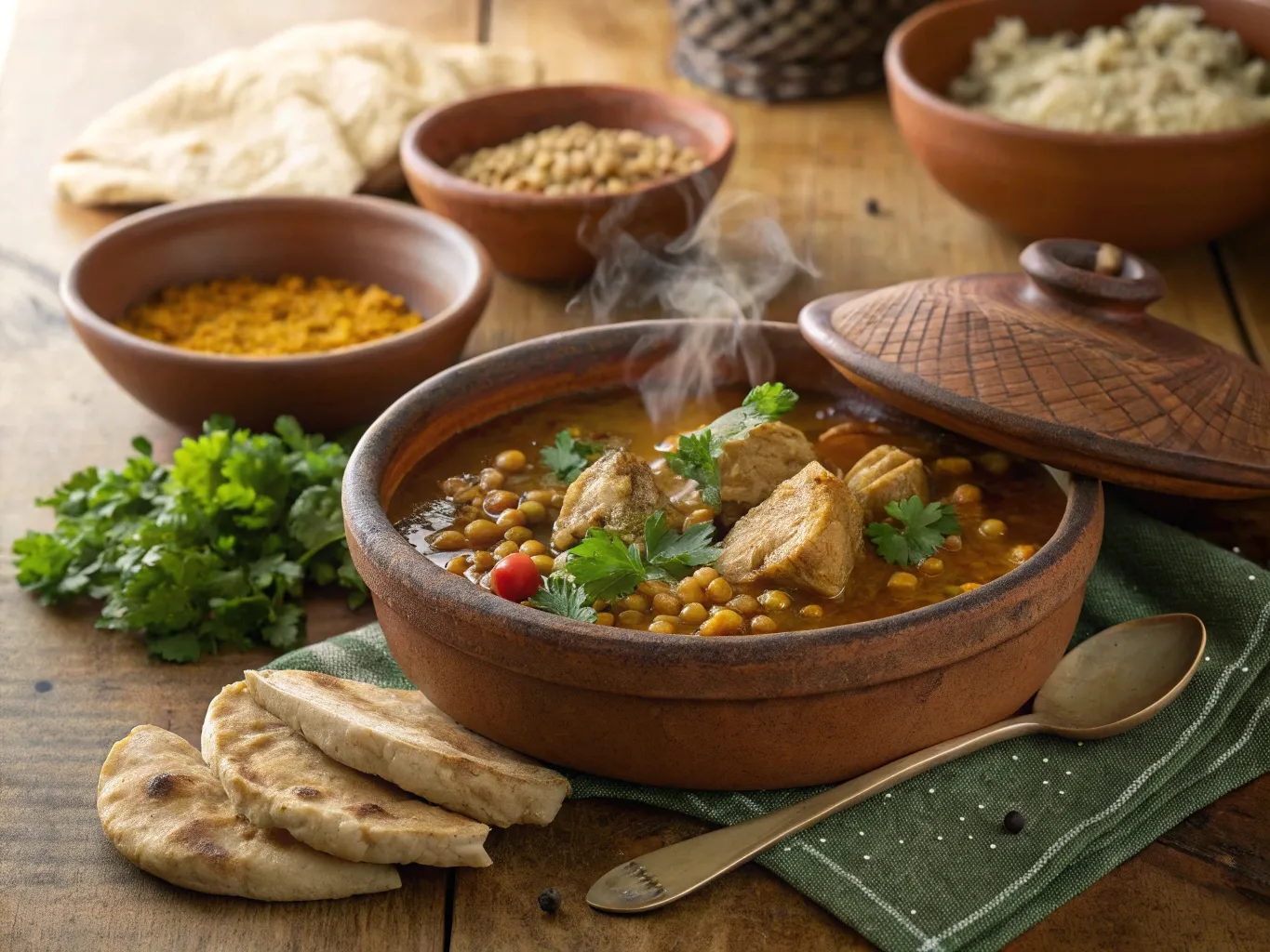 Comforting Moroccan Chicken and Lentils Made Simple 2 Moroccan chicken and lentils stew served in a rustic clay pot with couscous and flatbread on the side.
