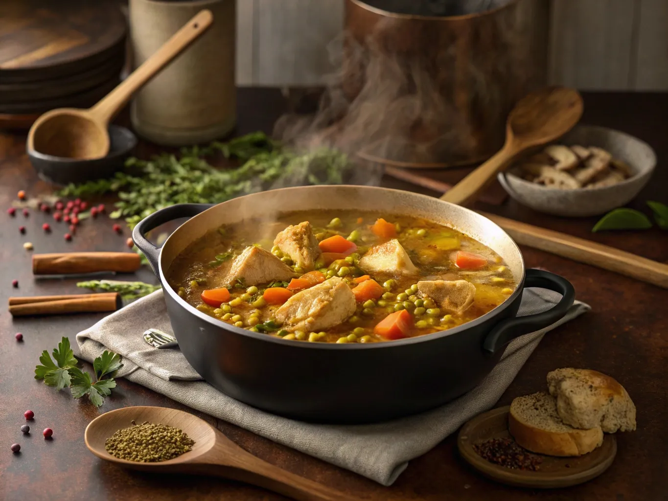 Comforting Moroccan Chicken and Lentils Made Simple 4 Moroccan Chicken and Lentils stew simmering in a pot with visible chicken, lentils, and carrots in a golden broth
