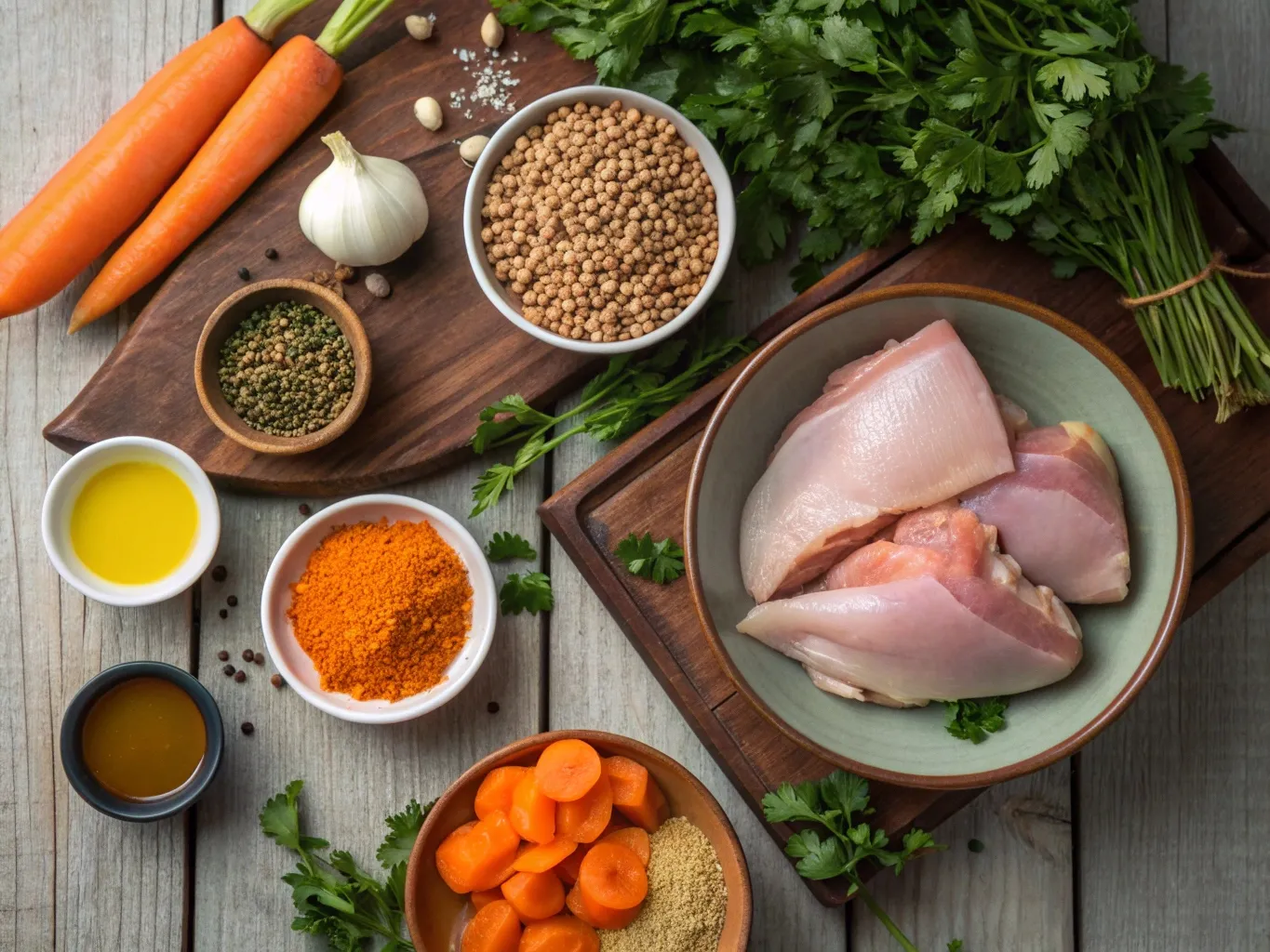 Comforting Moroccan Chicken and Lentils Made Simple 3 Fresh ingredients for Moroccan Chicken and Lentils, including chicken, lentils, spices, and vegetables, displayed on a rustic wooden table.