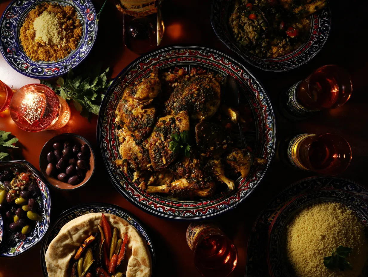 Perfectly Spiced Moroccan Chermoula Chicken 7 Moroccan Chermoula Chicken served with couscous, flatbread, roasted vegetables, and mint tea on a Moroccan-style dinner table.